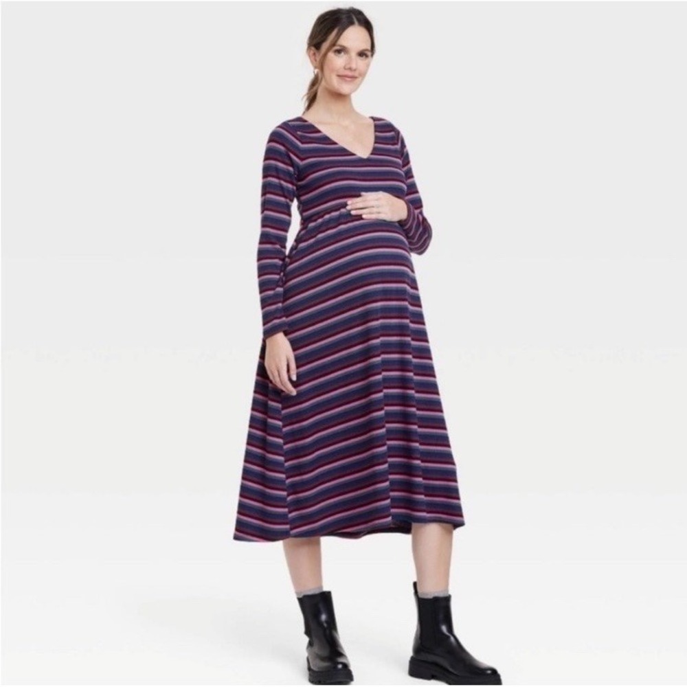 The Nines by Hatch Maternity Women's Large Midi Sweater Dress Striped Ribbed